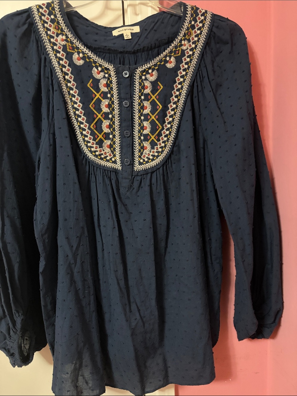 Max Studio Navy Embroidered Yoke Tunic